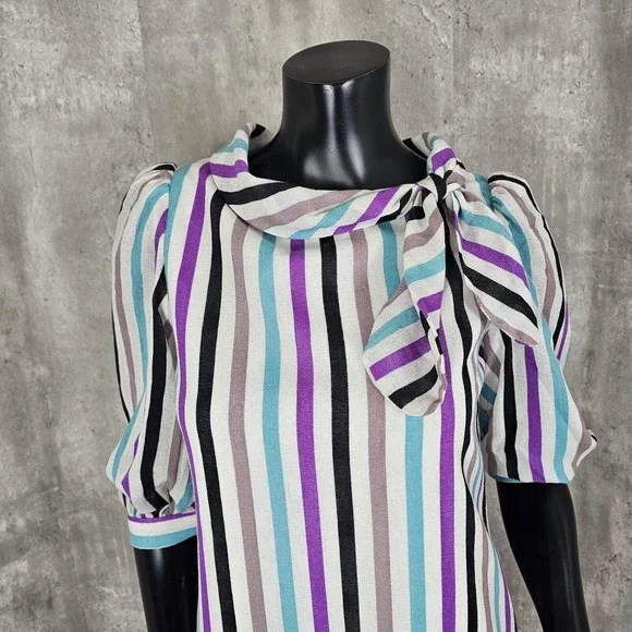 Vintage‎ Handmade Colorful Vertical Striped Linen Half Sleeve Shift Dress - Picture 2 of 9